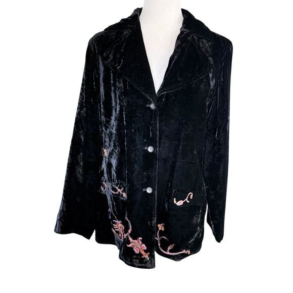 J. JILL Black Velour Womens Blazer Embroidered Floral Design Whimsigoth Witchy M - Picture 1 of 10